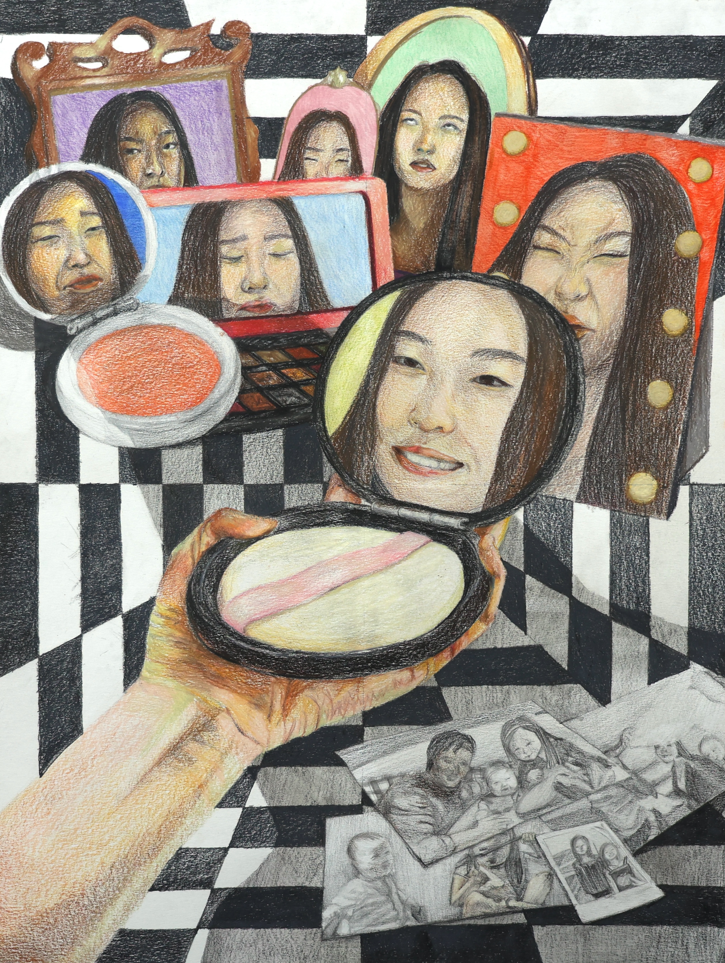 Colored pencil drawing of compact mirrors with reflected faces